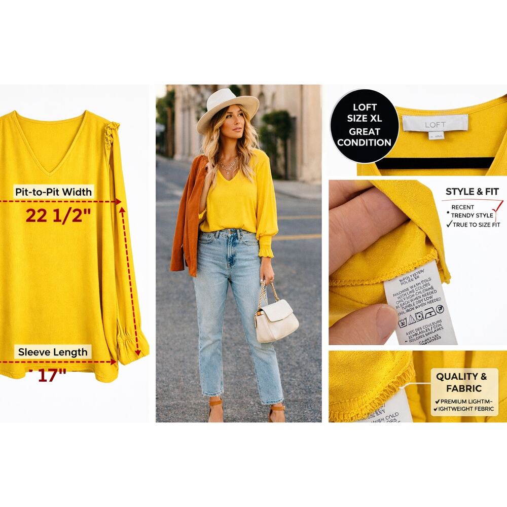 LOFT XL Mustard Yellow Boho Blouse V Neck Ruffle Shoulder Smocked Cuff Flowy Top